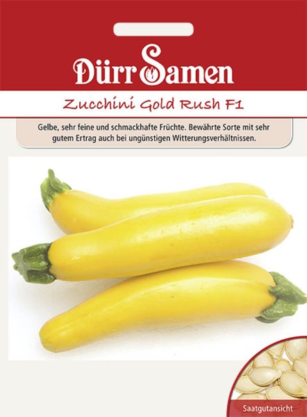 Samentüte Zucchini Gold Rush F1 von Dürr Samen mit Abbildung von drei gelben Zucchinis und einer Detailansicht der Samen.