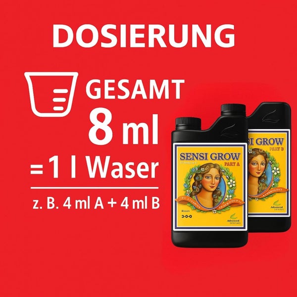 Dosierung für Sensi Grow Dünger: Gesamt 8 Milliliter auf 1 Liter Wasser, zum Beispiel 4 Milliliter Teil A und 4 Milliliter Teil B.