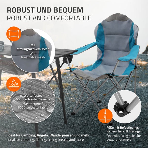 ECD Germany Campingstuhl faltbar, Grau-Blau, Angelstuhl mit Getränkehalter & Tragetasche, Gartenstuhl klappbar, Übergroßer Klappstuhl mit Hochlehner, Gepolster Faltstuhl leicht, Anglerstuhl tragbar