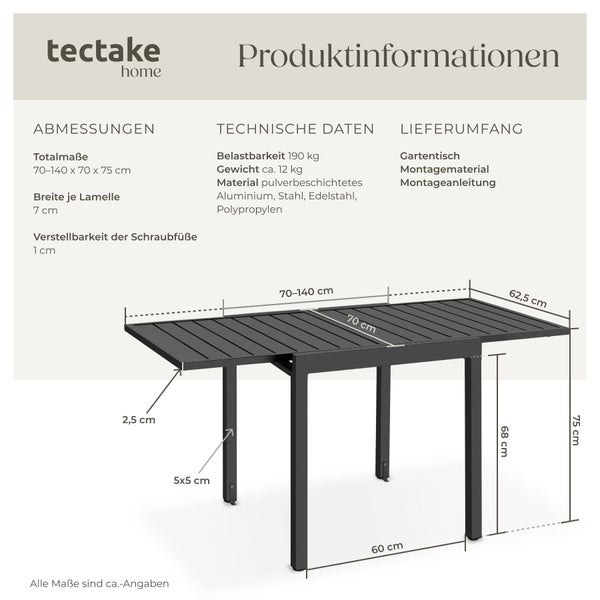 tectake Logo. Produktdaten für einen ausziehbaren Gartentisch mit Maßen von 70 bis 140 Zentimetern Breite und 75 Zentimetern Höhe.