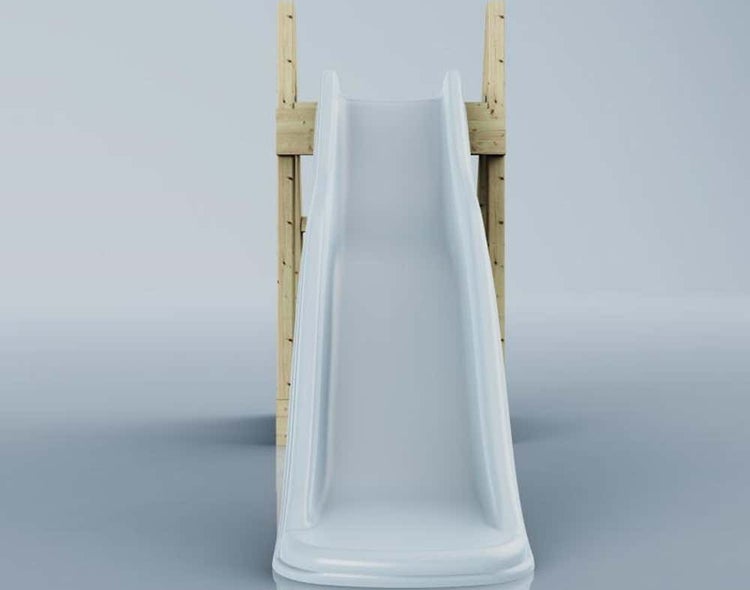 Rutsche aus Kunststoff an einem Holzgestell für den Garten.