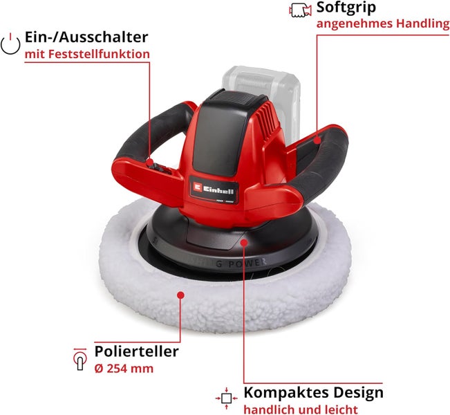Einhell Akku-Poliermaschine, Polierteller 254 Millimeter, Softgrip-Griffe, Ein- und Ausschalter mit Feststellfunktion und kompaktes Design.