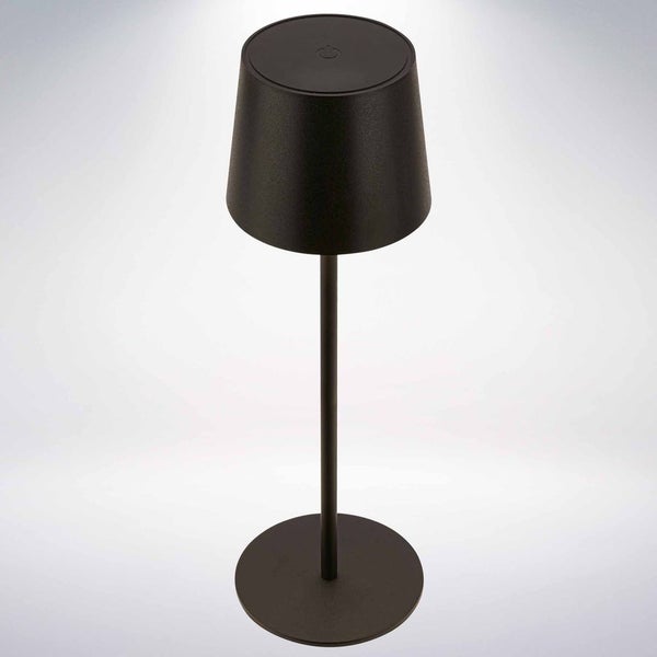 Moderne Tischleuchte in Schwarz mit konischem Schirm, rundem Standfuß und Touch-Funktion auf der Oberseite.