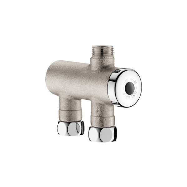 Delabie Mischventil für Waschbecken aus Metall mit verchromten Anschlüssen und runder Steuerung.