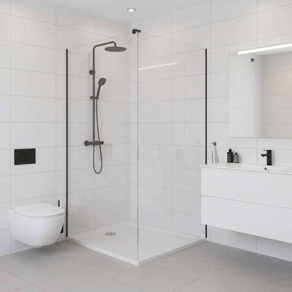 Badezimmer mit Dusche, Toilette und Waschtisch