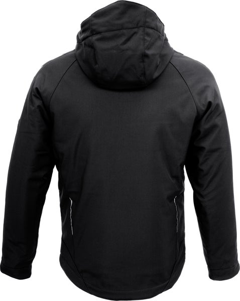 Schwarze Softshelljacke mit Kapuze und reflektierenden Details, Rückansicht.