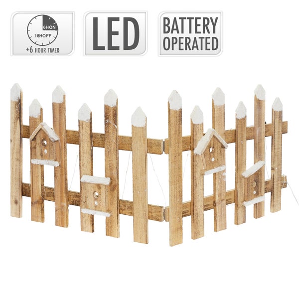 ECD Germany Deko Holz Zaun mit LED in natur, 98 x 39 cm, inkl. Vogelhäuschen, batteriebetrieben, mit Timer, Mini Gartenzaun beleuchtet Mini-Lattenzaun Weihnachtsbaum-Zaun Weinachtsdeko Winter Gatter