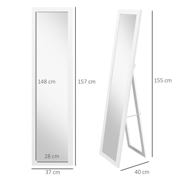 HOMCOM Standspiegel, Ganzkörperspiegel mit Ständer, freistehender Wandspiegel, Ankleidespiegel, Garderobenspiegel für Schlafzimmer, Flur, Alu, Weiß, 37 x 157 cm