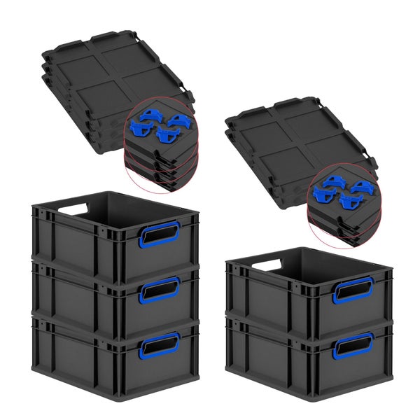 PROREGAL SparSet 5x Eurobox NextGen Color mit Auflagedeckel und Schiebeschnappverschlüsse, HxBxT 17x30x40cm, 16 Liter, Schwarz, Griffe blau offen, Eurobehälter, Transportbox, Transportbehälter, Stapelbehälter