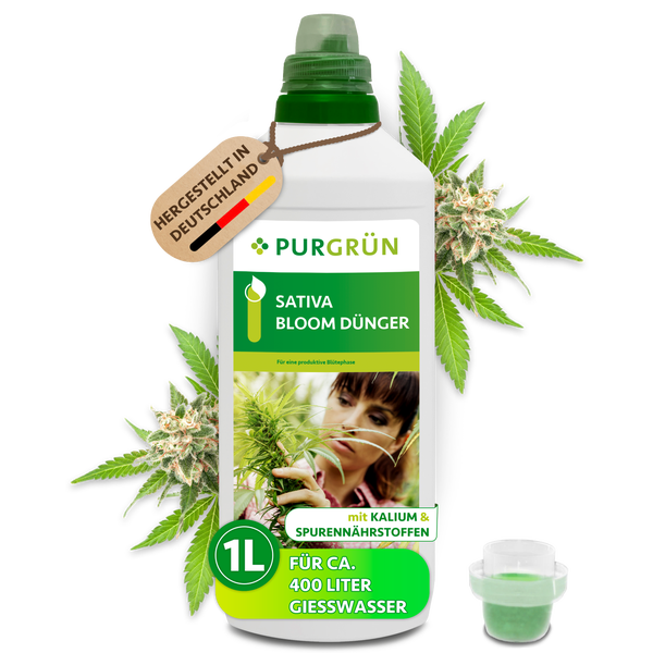 Purgrün Sativa Bloom Dünger, 1 Liter Flüssigdünger für circa 400 Liter Gießwasser, mit Kalium und Spurennährstoffen, hergestellt in Deutschland.