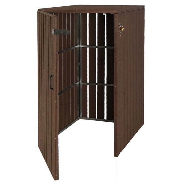 Geöffneter Geräteschuppen mit Metallrahmen und Schloss für den Garten