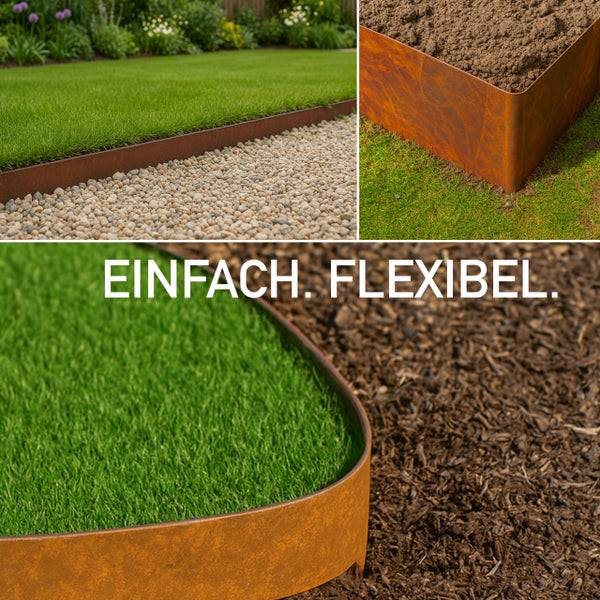 Rasenkante aus Cortenstahl zur Trennung von Rasen, Kies, Erde und Mulch. Einfach und flexibel einsetzbar.