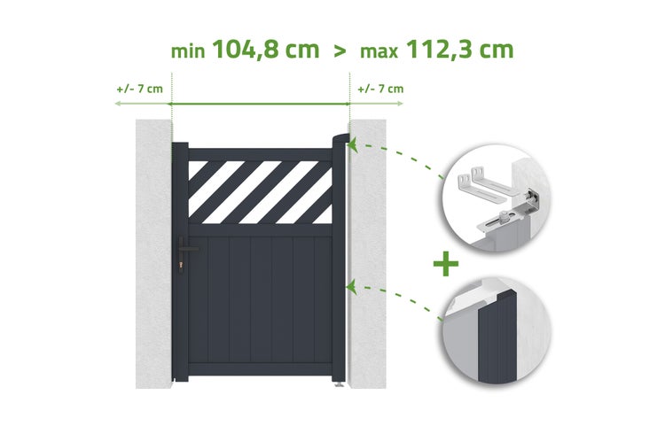 Gartentor mit Breitenangaben von mindestens 104,8 Zentimeter bis maximal 112,3 Zentimeter und Montagematerial.
