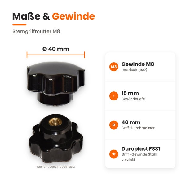 Technische Zeichnung mit Maßen und Spezifikationen einer Sterngriffmutter M8 aus Duroplast mit verzinktem Stahleinsatz.