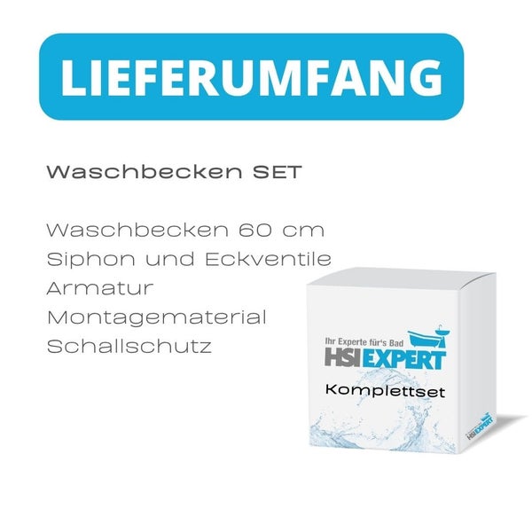Waschbecken Set mit 60 Zentimeter Waschbecken, Siphon, Eckventilen, Armatur, Montagematerial, Schallschutz und HSI Expert Komplettset