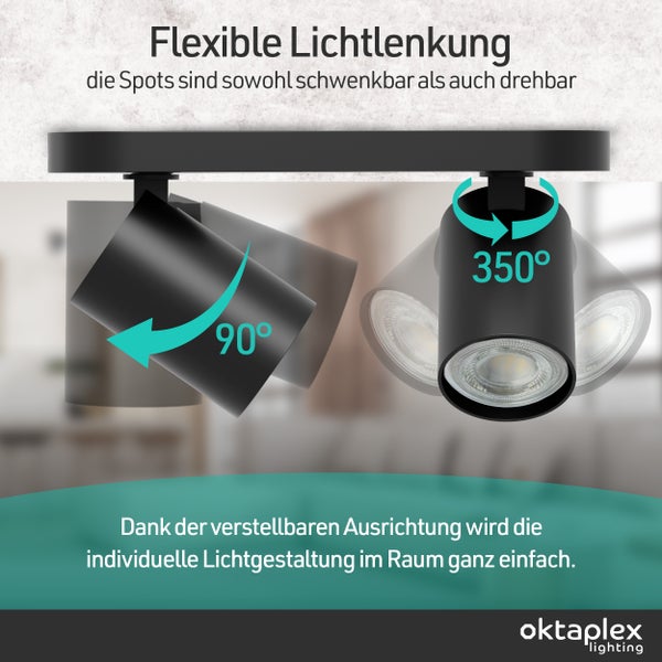 Schwarze Strahler, um 90 Grad schwenkbar und 350 Grad drehbar für flexible Lichtlenkung. Oktaplex Lighting Logo.