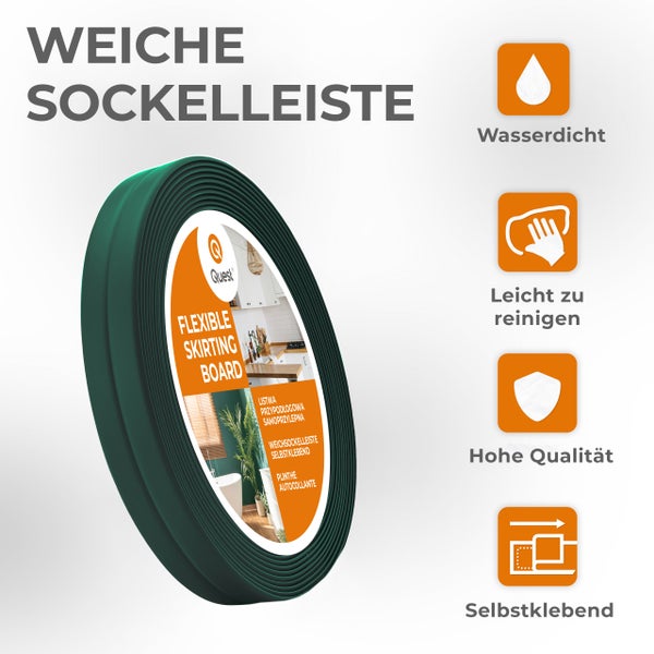 Eine Rolle selbstklebende Weichsockelleiste aus PVC von Quest Profile mit Prüfsiegel für geprüfte Qualität und Montagehinweis.