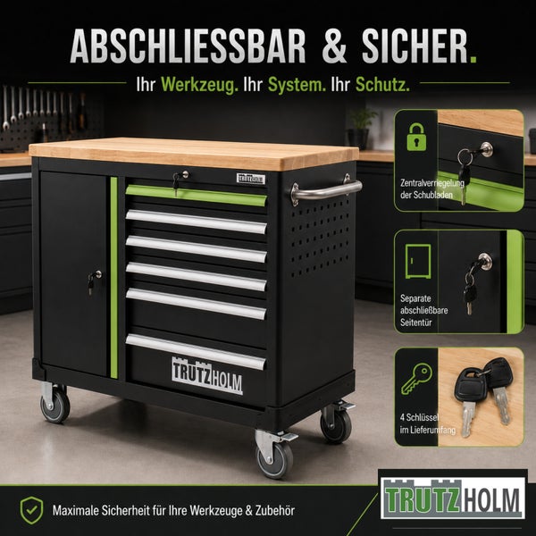 Trutzholm Werkstattwagen mit Holzplatte, zentral verriegelbaren Schubladen, separat abschließbarer Seitentür, vier Schlüsseln und Trutzholm Logo.