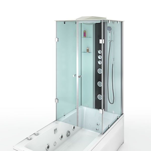 Moderne Dusch-Whirlpool-Kombination mit Glasduschkabine, Massagedüsen, Handbrause und integrierter Regendusche.