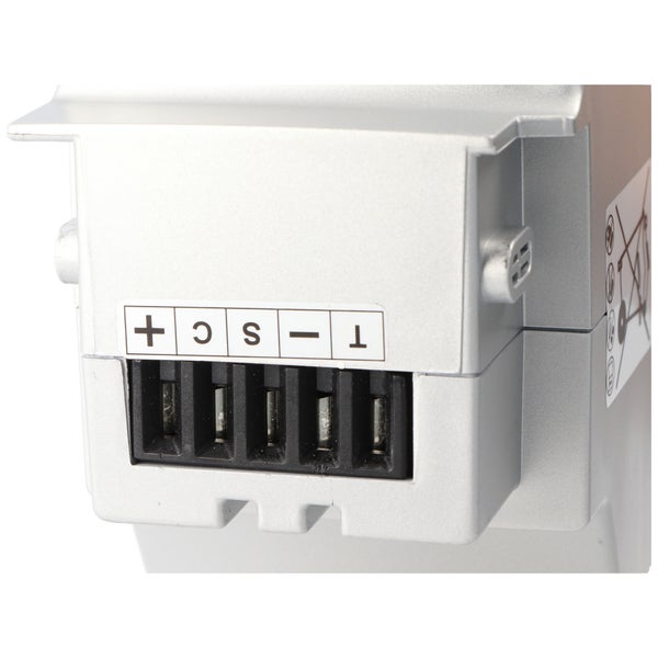 Grauer wiederaufladbarer Lithium-Ionen-Akku 25,2 Volt 23,2 Amperestunden mit Ladestandsanzeige und Tragegriff.