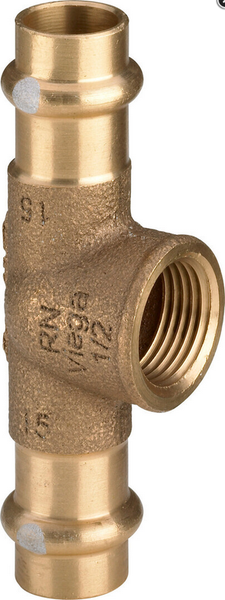 Viega Profipress T-Stück aus Rotguss mit zwei Pressanschlüssen und einem Innengewinde.