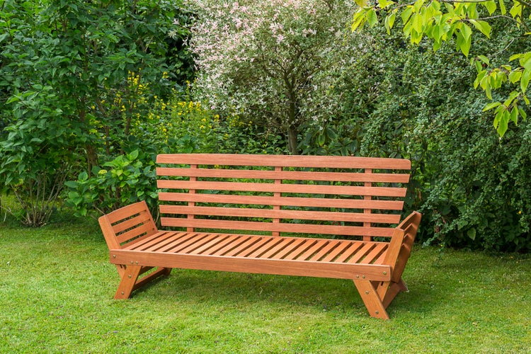 Gartenbank, als Liege nutzbar, inkl. Sitz- und Rückenkissen, Eukalyptus