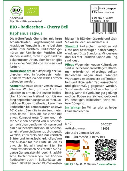 SAFLAX Geschenk Set - BIO - Radieschen - Cherry Bell - Raphanus sativus - 100 Samen - Mit Geschenkbox, Versandaufkleber, Geschenkkarte und Anzuchtsubstrat