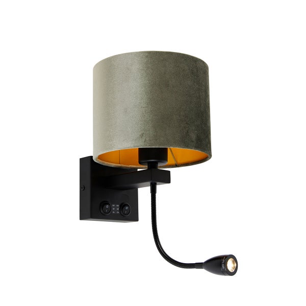 Wandleuchte Schwarz mit grünem Samt-Schirm 18cm - Brescia