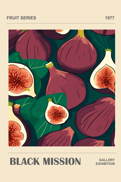 Wandbild mit einer Illustration von Feigen aus der Serie Fruit Series von 1977 mit dem Titel Black Mission.