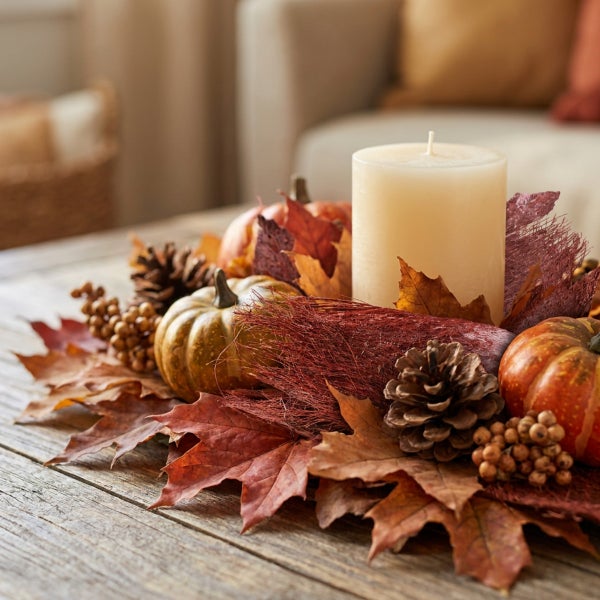 Herbstliche Tischdekoration mit Stumpenkerze, Zierkürbissen, Pinienzapfen und Herbstlaub auf rustikalem Holztisch