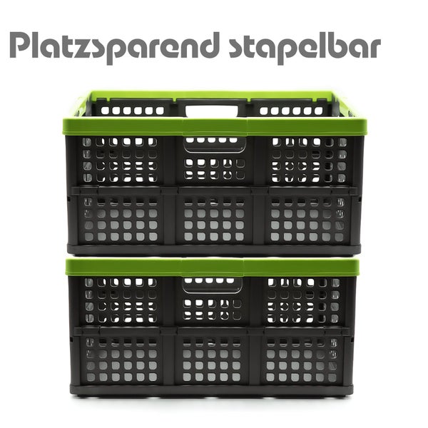 Zwei aufeinander gestapelte, klappbare Kunststoffboxen mit Grifföffnungen zur platzsparenden Aufbewahrung.