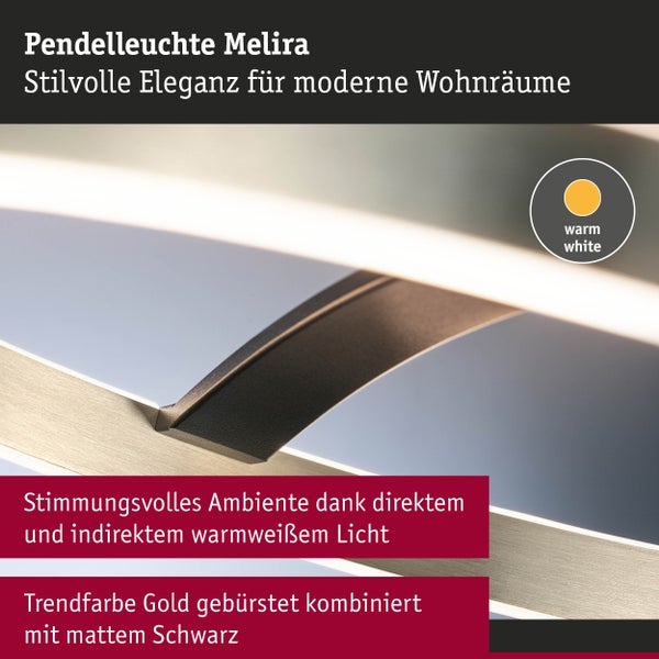 Detailansicht der Pendelleuchte Melira in Gold gebürstet und Schwarz matt mit warmweißem Licht.