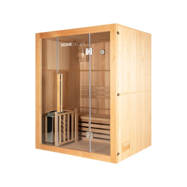 Home Deluxe - Traditionelle Sauna - Skyline L - 120 x 150 x 190 cm - für 2-3 Personen, Hemlocktanne, inkl. Saunaofen, Saunazubehör I Dampfsauna Aufgusssauna Finnische Sauna Bio Sauna