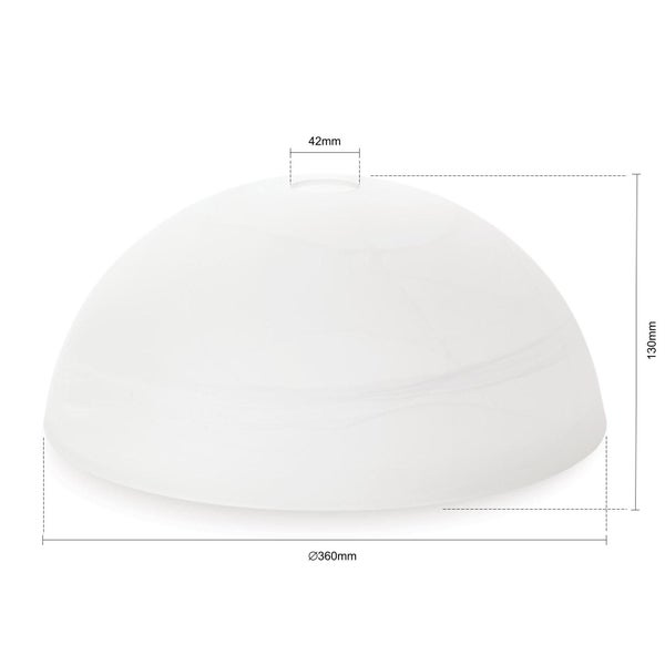 Weisser Lampenschirm mit den Massen 360 Millimeter Durchmesser und 130 Millimeter Höhe.
