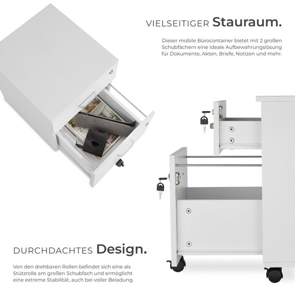 Rollcontainer tectake Vagur 40 x 44 x 54,5 cm mit 2 Schubladen für Dokumente im A4 Format weiß