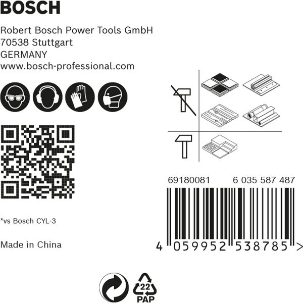 Bosch Produktinformationen: Sicherheitshinweise, Barcode und Recycling Symbol.