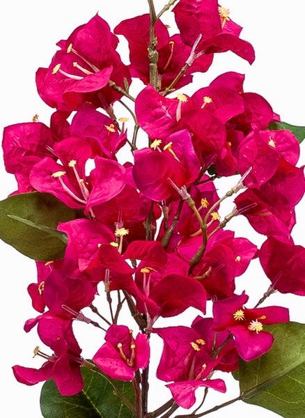 Künstliche Bougainvillea mit pinkfarbenen Hochblättern, kleinen gelben Blüten und grünen Blättern.