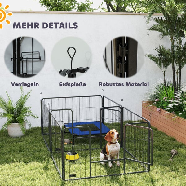 Welpenauslauf aus Metall im Garten mit einem Hund, Hundebett und Detailansichten zur Verriegelung, den Erdspießen sowie dem robusten Material.