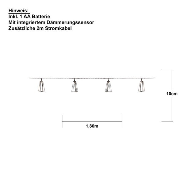 Abbildung einer Lichterkette mit den Maßen 1,80 Meter Länge und 10 Zentimeter Höhe