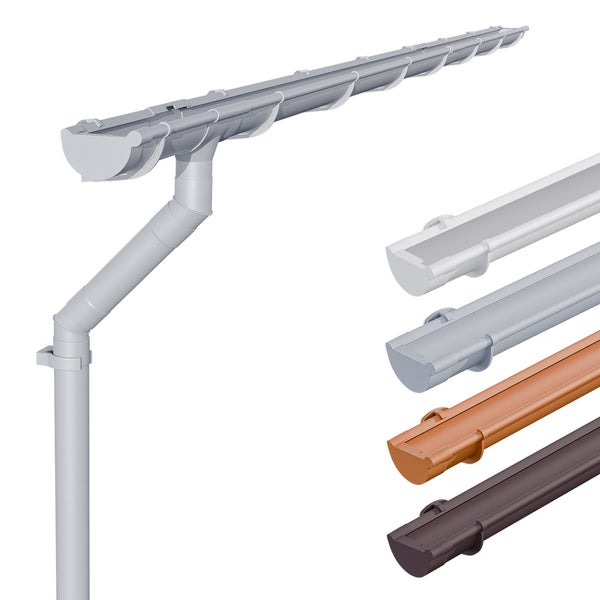 Dachrinnensystem aus Kunststoff inklusive Fallrohr und Halterungen in verschiedenen Farbausführungen.