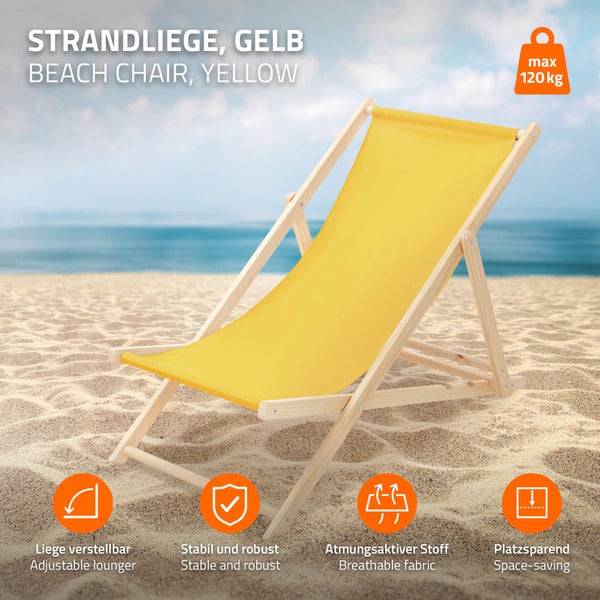 Gelbe Strandliege aus Holz mit atmungsaktivem Stoff, verstellbar, belastbar bis 120 Kilogramm, platzsparend zusammenklappbar.