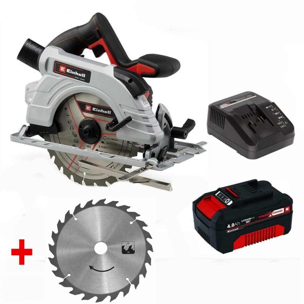 Einhell Akku-Handkreissäge-Set inklusive 18 Volt 4,0 Amperestunden Akku, Ladegerät und zwei Sägeblättern.