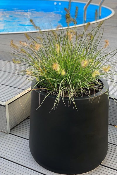 Helle, organisierte Szene mit grauer Terrassentreppe aus Verbundwerkstoff am Pool, dekoriert mit Kissen, einer Decke, Pflanzgefäß und Kerzen.