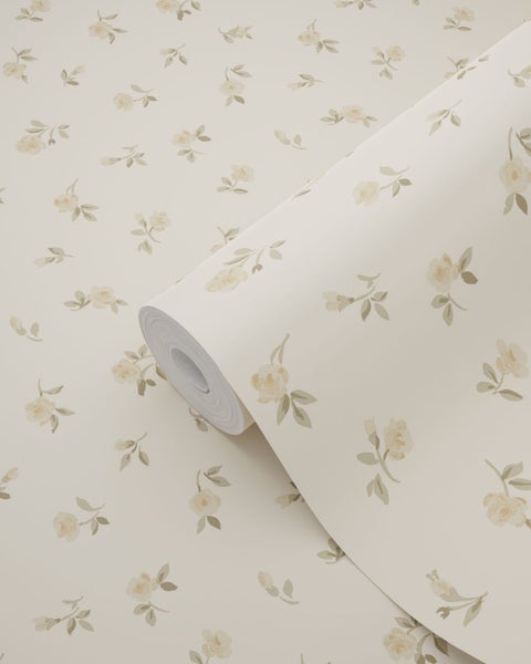 Vliestapete mit feinem Blumenmuster und Rosenmotiven, Tapetenrolle.