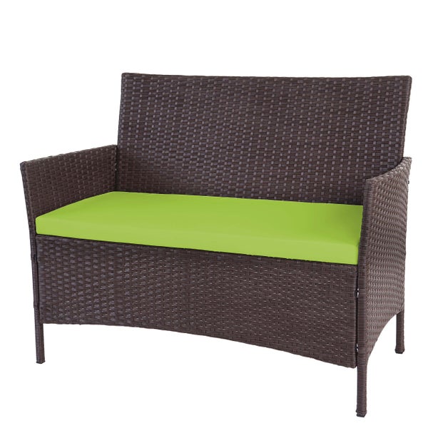 Zweisitzer Gartensofa aus Polyrattan in Braun mit grünem Sitzkissen.