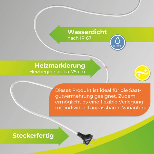 Heizkabel: Wasserdicht IP 67, Heizbeginn ab circa 75 Zentimeter, ideal für Saatgutvermehrung, flexibel verlegbar und steckerfertig.