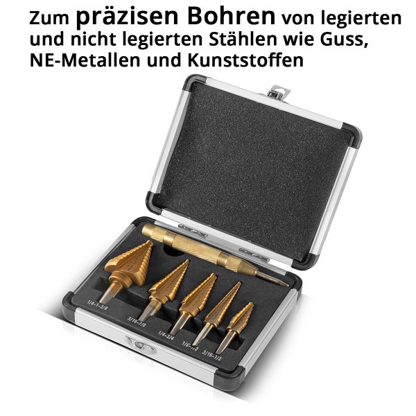 Sechsteiliges Stufenbohrer Set mit automatischem Körner im Metallkoffer für präzises Bohren in legiertem Stahl und Kunststoffen.