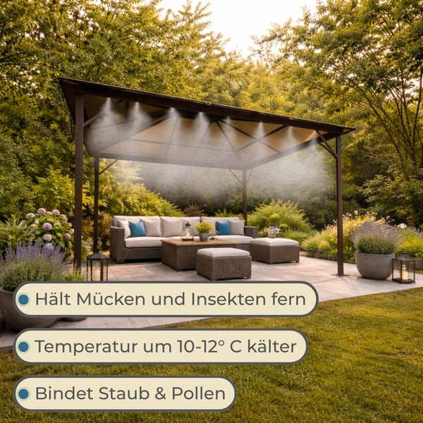 Gartenpavillon mit Wassernebel-Set über Sitzgruppe. Senkt Temperatur um 10 bis 12 Grad, bindet Staub und Pollen, hält Insekten fern.