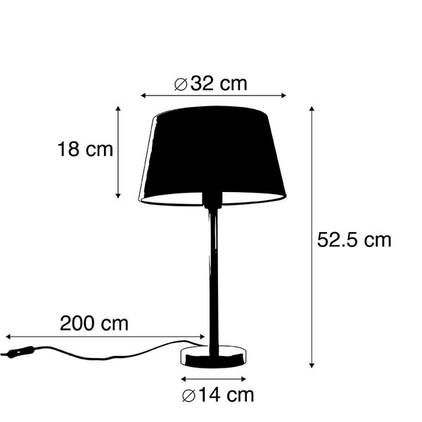 Maße Tischlampe: Höhe 52,5 Zentimeter, Schirmdurchmesser 32 Zentimeter, Schirmhöhe 18 Zentimeter, Fußdurchmesser 14 Zentimeter, Kabel 200 Zentimeter.