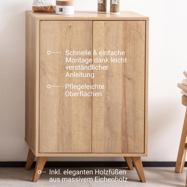 FACKELMANN FINN Badmöbel Set 2 Teile / Doppel-Midischrank mit Push-to-Open fürs Bad / 4 Holzfüße / Badschrank mit 2 Türen / Korpus & Front: Braun hell / Rahmendekor & Füße: Braun hell / Breite: 60 cm